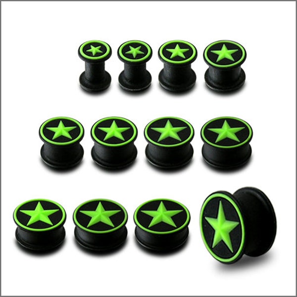 Silicone Ear Plugs- Sold by piece - Black Ear Plugs With Green Star Design- Gauges- Plugs and Tunnels ( 5mm to 24mm Sizes) Price for 1 Piece