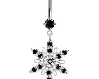 Dainty Gem Studded Flower Belly Ring- Navel Ring Dangle- Belly Button Rings- 14G Navel Barbell (Multiple Colors Available)