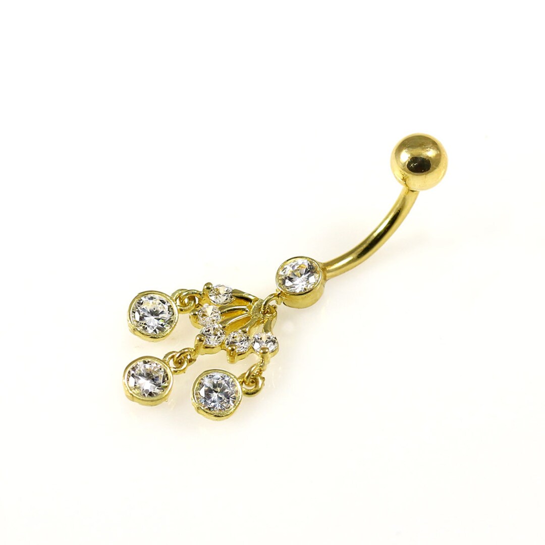 14K Gold Belly Ring Dangling Zirconia Jeweled Navel Piercing 14G Dainty