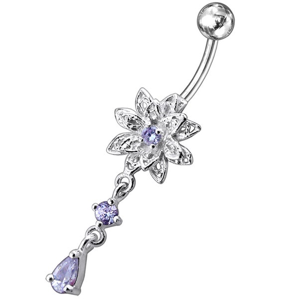 Silver Flower Belly Ring- Navel Ring Dangle- CZ Belly Button Rings- Body Jewelry- 14G Navel Barbell (Multiple Colors Available)