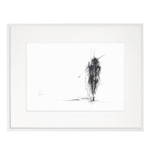 May include: A black and white abstract drawing of a person standing with their arms raised, framed in a white frame.