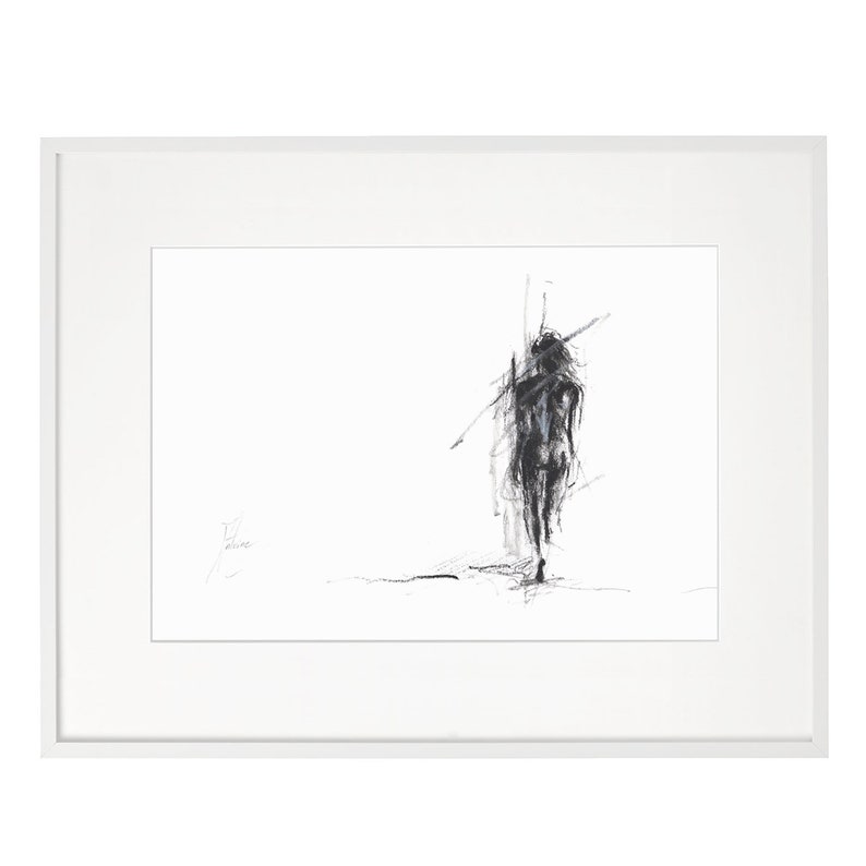 May include: A black and white abstract drawing of a person standing with their arms raised, framed in a white frame.