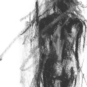 May include: Abstract charcoal drawing with a dark, textured, and layered design. The drawing has a rough, organic feel and appears to be a portrait.
