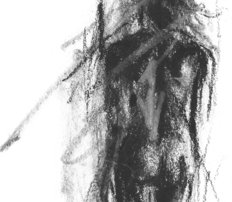 May include: Abstract charcoal drawing with a dark, textured, and layered design. The drawing has a rough, organic feel and appears to be a portrait.