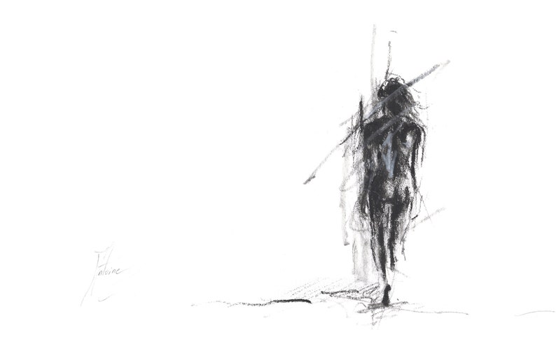 May include: A black and white sketch of a person walking away from the viewer. The person is drawn in a loose, gestural style, with long hair and a flowing dress. The background is a simple white space.