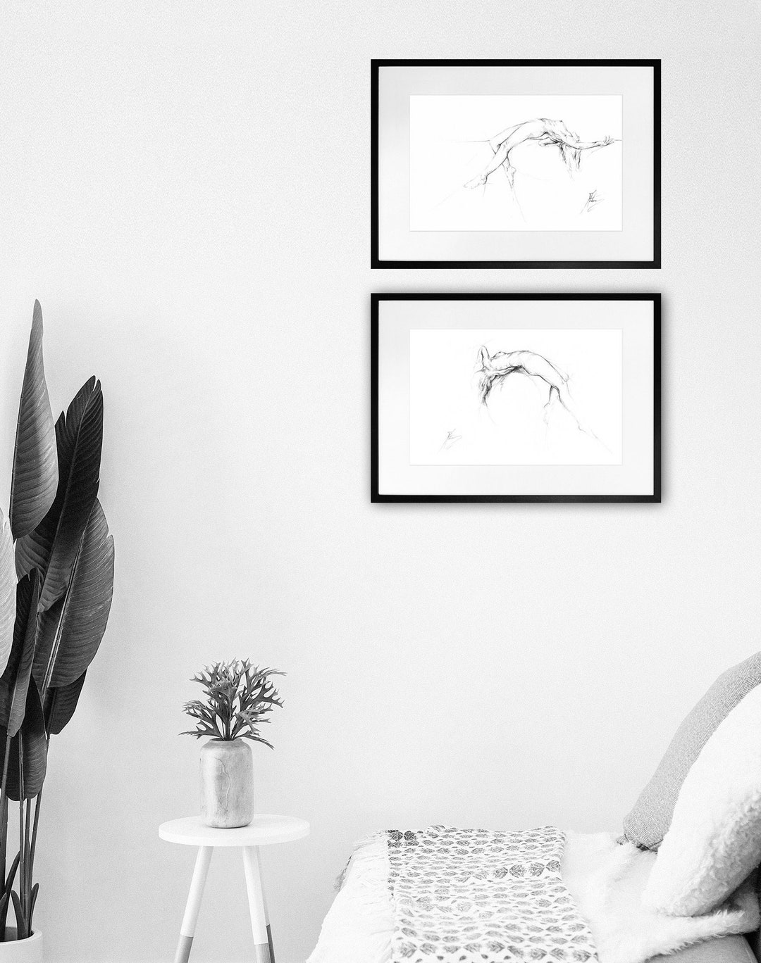 DRAWING PRINT SET 2 Wall Art Black White Drawing Sketch Fine Art Paper