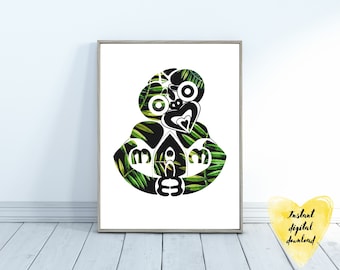 Tiki Botanical Fern Print - New Zealand Maori Tiki- Pacific Islands Art - Maori Aotearoa  Wall Art -Travel Gift Decor - Tiki01