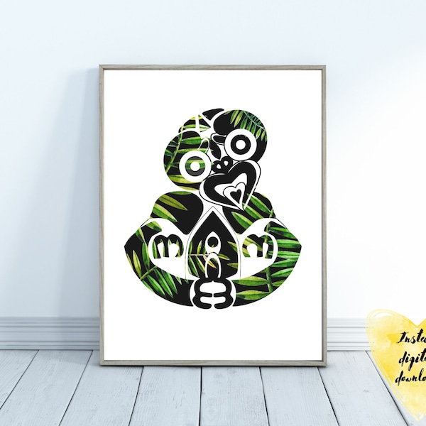 Tiki Botanical Fern Print - New Zealand Maori Tiki- Pacific Islands Art - Maori Aotearoa  Wall Art -Travel Gift Decor - Tiki01