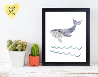 Whale Art Print, Nautical Art Print , Humpback Art, Animal Wall Art, Nursery Decor, Ocean Art Print.