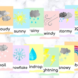 Tarjetas didácticas sobre el clima - Set de 12 tarjetas - Tarjetas de vocabulario - Educativas - Educación en casa - Actividades para jardín de infantes - DESCARGA INSTANTÁNEA