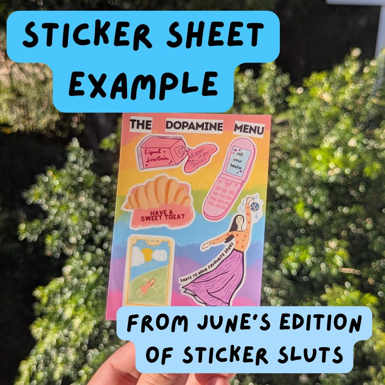 K&ouml;nnte beinhalten: Ein rechteckiger Aufkleberbogen mit dem Titel THE DOPAMINE MENU, der bunte Illustrationen wie ein rosa Klapphandy, ein Croissant, eine Tarotkarte und eine tanzende Person zeigt. Der Text umfasst "call your bestie," "HAVE A SWEET TREAT," und "DANCE TO YOUR FAVOURITE SONGS."