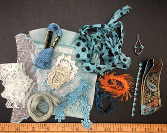 TURQUOISE Embellishment Packet for use in Slow Stitch, includes Laces, Trims, Cloth, Buttons, Sari Ribbon, Threads, and Jewelry Bling!