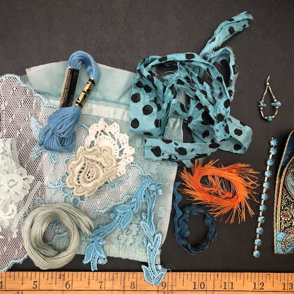 TURQUOISE Embellishment Packet for use in Slow Stitch, includes Laces, Trims, Cloth, Buttons, Sari Ribbon, Threads, and Jewelry Bling!