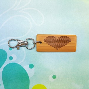 Knit Stitch Heart Bamboo Keychain - Laser Engraved - Etched