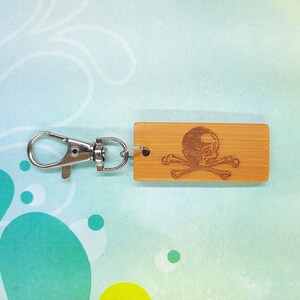 Vintage Skull and Crossbones Bamboo Keychain - Laser Engraved - Etched