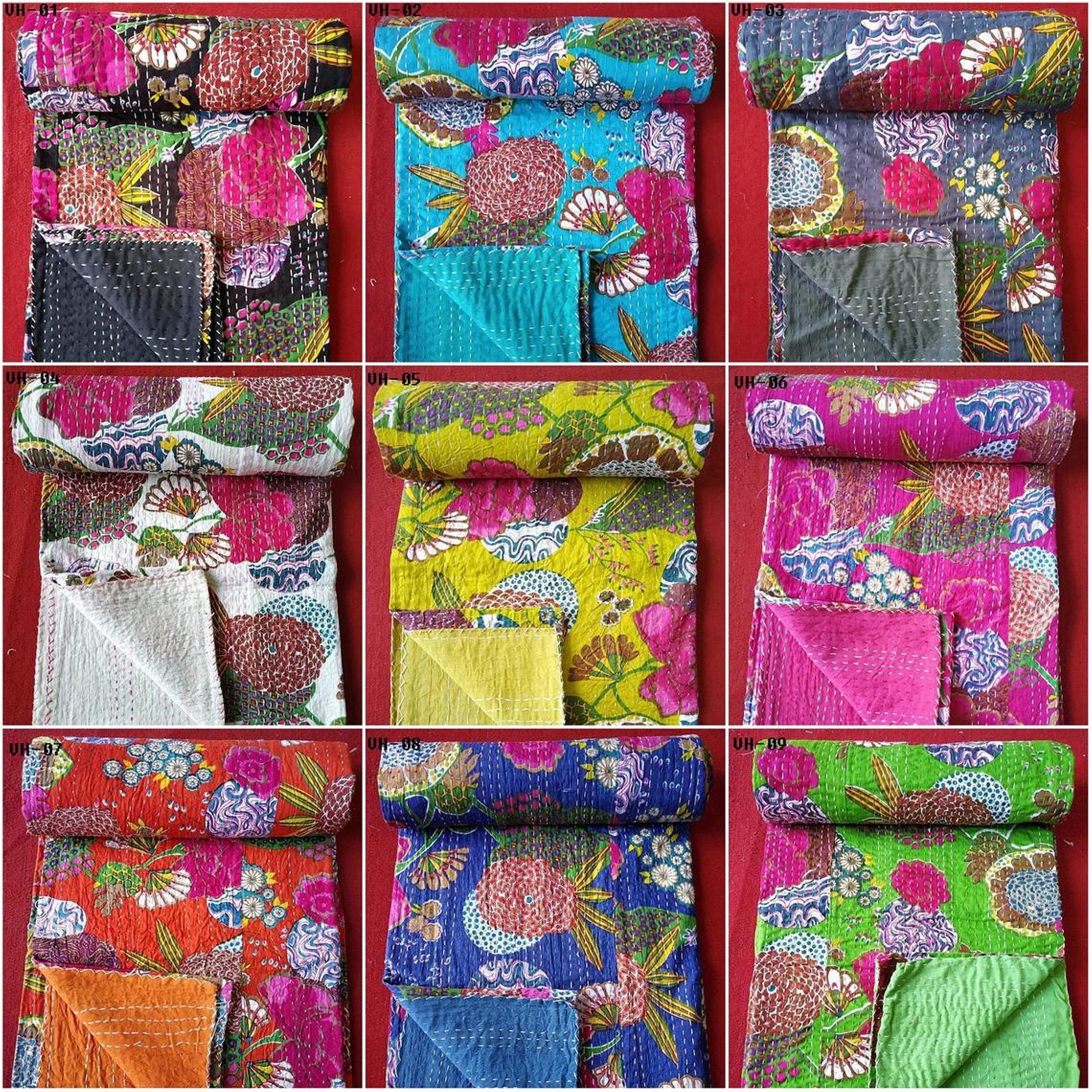 Cotton Kantha Indian Quilts Throw Bedspread Handmade Bedding Etsy