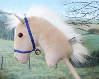 Palomino Mini Hobby Horse Mascot - Handmade Small Bell Rattle Toy Gift - Blue Ribbon Halter