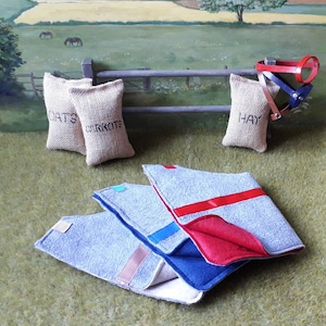 K&ouml;nnte beinhalten: Drei graue Filz-Pferdedecken mit rotem, blauem und rosafarbenem Besatz. Die Decken sind gefaltet und auf einer gr&uuml;nen Grasfl&auml;che gestapelt. Im Hintergrund befinden sich drei Jutes&auml;cke mit den Aufschriften "Hafer", "Karotten" und "Heu".