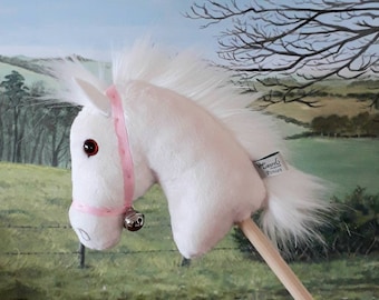 White Mini Hobby Horse Mascot - Handmade Small Bell Rattle Toy Gift - Pink Ribbon Halter