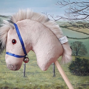 Fjord Mini Hobby Horse Mascot - Handmade Small Bell Rattle Toy Gift - Blue Ribbon Halter