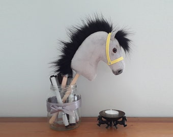 Grey Black Mini Hobby Horse Collectible - Desk Mascot Decoration - Handmade Small Toy Gift - Yellow Vegan Leather Halter