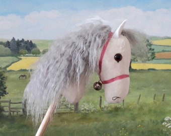 Ivory Mini Hobby Horse Mascot with Long Grey Mane - Handmade Small Bell Rattle Toy Gift - Pink Ribbon Halter