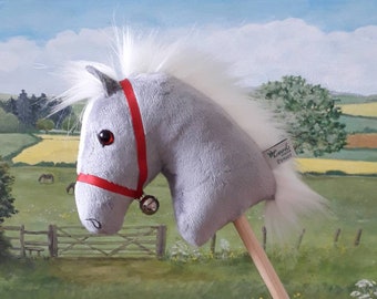 Grey White Mini Hobby Horse Mascot - Handmade Small Bell Rattle Toy Gift - Red Ribbon Halter