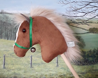 Chestnut Mini Hobby Horse Mascot - Handmade Small Bell Rattle Toy Gift - Green Ribbon Halter