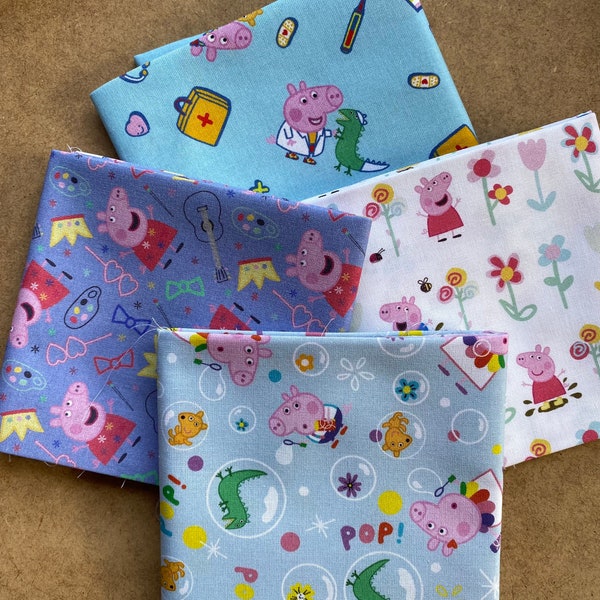 Tissu de personnage Peppa Pig, morceaux de Fat Quarter et Bundle. Design amusant et ludique, idéal pour les projets d'artisanat, de courtepointe et de couture pour enfants.