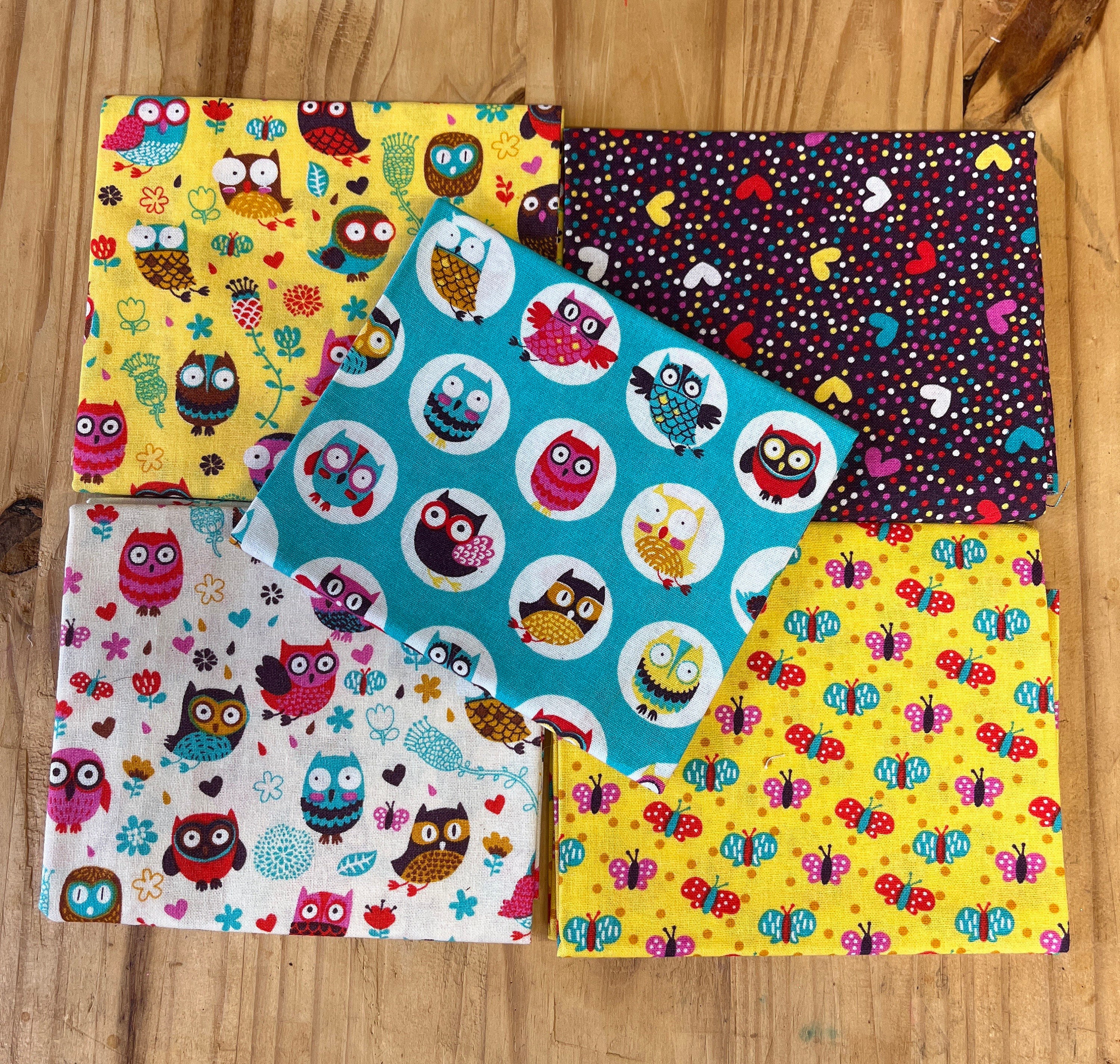 Owl-themed Fat Quarter Bundle, Happy Owls Fabric Collection, Quilting Material, Craft Supplies, Sewi