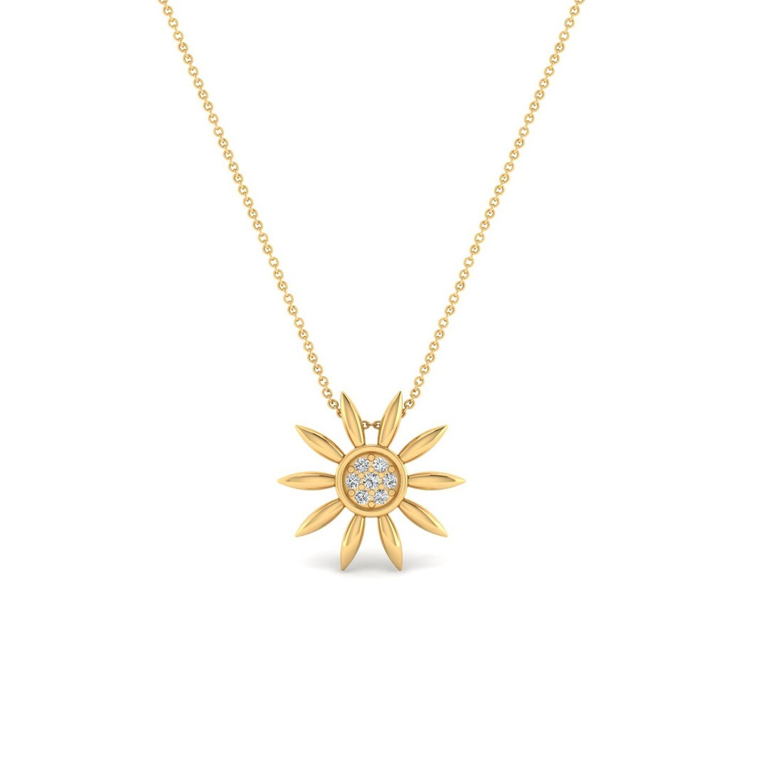 Sunflower Diamond Necklace 14k Gold Diamond Necklace Flower Etsy