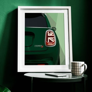 Плакат на бампер Vintage Green Mini Cooper — подарок любителю ретро-автомобилей, принт фары в виде британского флага