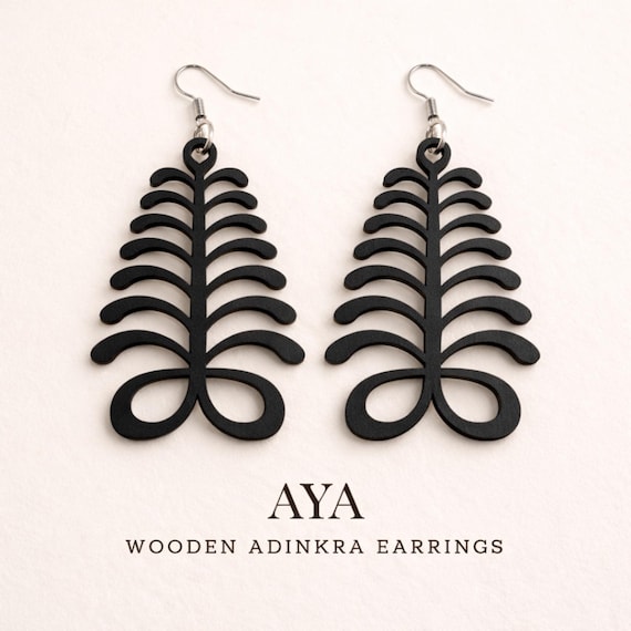 Aya Wooden Earrings – Adinkra Symbol of Endurance & Resilience | Natural or Black Wood