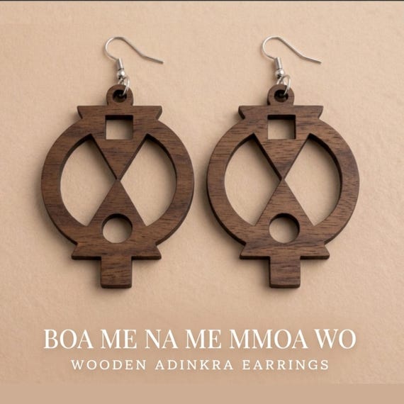 Wooden Adinkra Earrings – Boa Me Na Me Mmoa Wo Symbol of Cooperation | Black Option