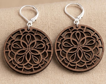 Mandala Wood Earrings | Laser Cut | Boho Statement Jewelry (Natural or Black Wood)