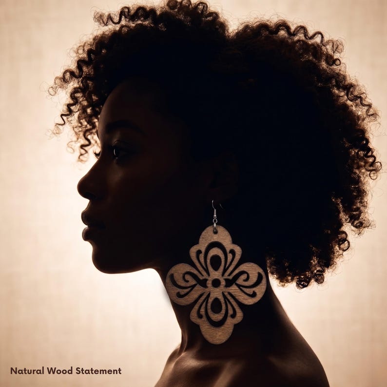May include: Silhouette of a person with curly hair wearing large, light-colored wooden earrings. The earrings have a decorative, openwork design. The text "Natural Wood Statement" is at the bottom of the image.