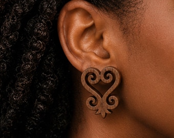 Sankofa Statement-Ohrringe aus Holz – Afrikanischer Adinkra-Schmuck, Symbol der Weisheit