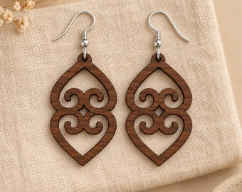 Asase Ye Duru Walnut Wood Earrings, Adinkra Symbol Earrings, Sterling Silver Hooks