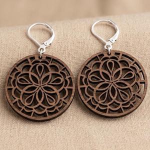 Mandala Wood Earrings – Lightweight Bohemian Dangles (Walnut or Black)