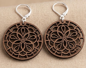 Mandala Wood Earrings – Lightweight Bohemian Dangles (Walnut or Black)