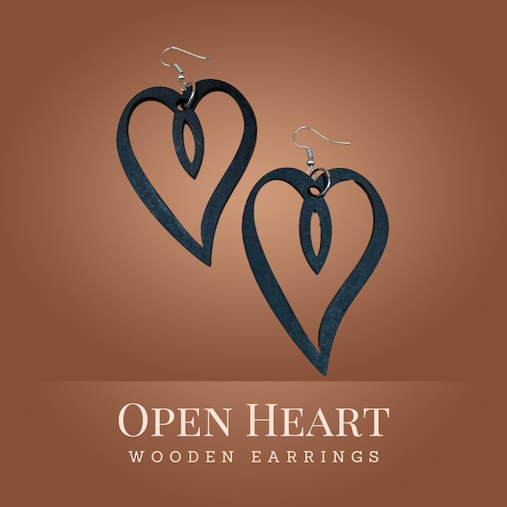 Open Heart Statement Earrings – Minimalist Wooden Dangle Earrings