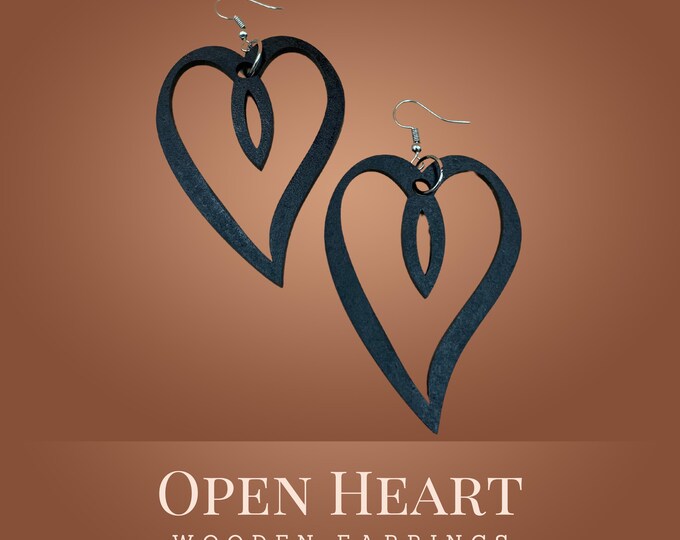 Open Heart Statement Earrings – Minimalist Wooden Dangle Earrings