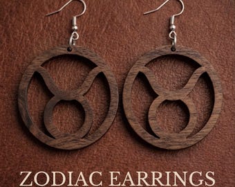 Wooden Zodiac Earrings – Astrology Sign Statement Earrings | Horoscope Gift | All 12 Signs Available