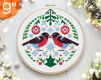 9'' Xmas cross stitch pattern, Bullfinches PDF hand embroidery design for DIY Christmas gift, Original Christmas ornaments wall décor