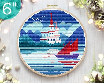 6'' Scarlet sail DIY hand needlework pattern, Modern cross stitch pattern, Nature counted hoop design PDF, Landscape embroidery wall art