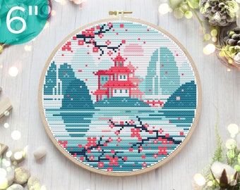 6'' Sakura counted cross stitch pattern, Modern hand embroidery design, DIY needlework hoop art, Nature landscape PDF pattern