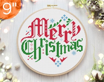 9'' Merry Christmas cross stitch pattern, PDF embroidery design for DIY gift of wall décor, counted cross stitch pattern for beginners