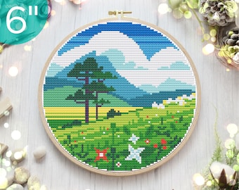 6'' Hillside Modern cross stitch pattern for beginners, Nature counted hoop design PDF, Landscape embroidery wall art, DIY needlework