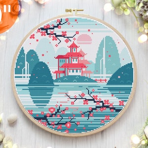 9'' Sakura needlepoint wall art, Nature PDF cross stitch pattern for beginners, Modern embroidery hoop art, DIY holiday embroidery design