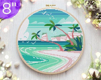 8'' Sea view DIY hand needlework pattern, Modern cross stitch pattern, Nature counted hoop design PDF, Landscape embroidery wall art